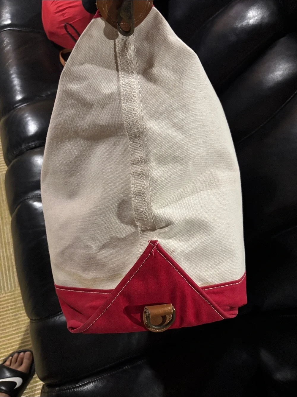 LL Bean Red & Cream Canvas Tote Bag with Leather Handles